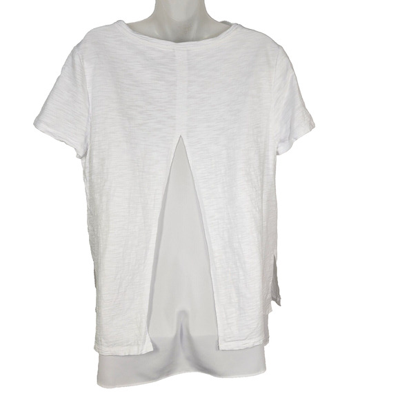 Chico's Tunic Top Womens Size 1 Medium White Layered Knit Woven Split Back Relax - Picture 2 of 9